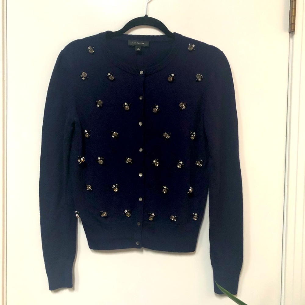 Ann Taylor gorgeous holiday bejeweled cardigan in dark navy ,size medium